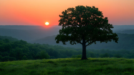 Fototapeta premium Sunrise over rolling hills, lone tree silhouette, peaceful dawn landscape, nature photography