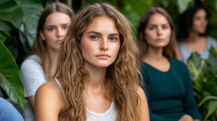 Fototapeta premium Young woman with freckles and curly light brown hair sits among a group of women outdoors, surrounded by lush green foliage. Natural lighting