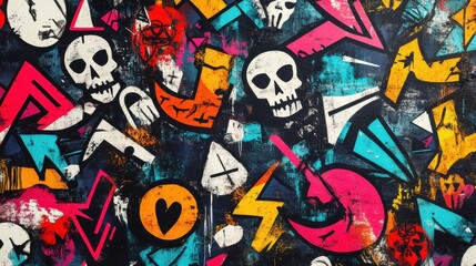 Obraz premium Vibrant Street Art Wallpaper Featuring Abstract Urban Symbols, Urban Environment, Digital Art