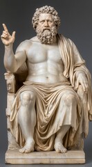 Obraz premium A seated, muscular figure with a beard and curly hair, draped in fabric, against a gray background. The figure's right hand is raised. Classical