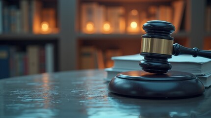 Fototapeta premium Gavel, Books, and Law Symbols on Wooden Table