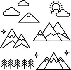 Black silhouette of mountains set of mountain icons and Mountain icon isolated on white background