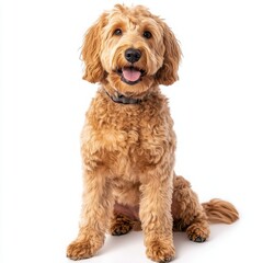 A fluffy dog with curly light brown fur sitting calmly against a white background