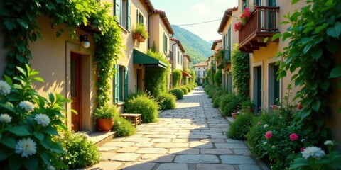 Naklejka premium Sun-drenched cobblestone lane nestled between charming, vine-covered houses, showcasing vibrant flower boxes and lush greenery
