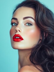 Fototapeta premium Caucasian Woman with Red Lips, Wavy Black Hair, and Blue Eyes on a Soft Blue Background