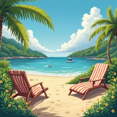 Idyllic Tropical Beach Scene with Lounge Chairs and Boats