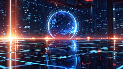 This image shows a futuristic city view at night with tall buildings lit by colorful neon lights.