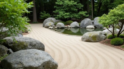 Fototapeta premium Tranquil Zen Garden with Raked Sand, Smooth Stones, and Pond