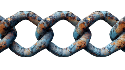 Blue and Orange Metal Chain Rustic Seamless Texture, Old Iron Link for Rough Backgrounds, isolated on transparent background.