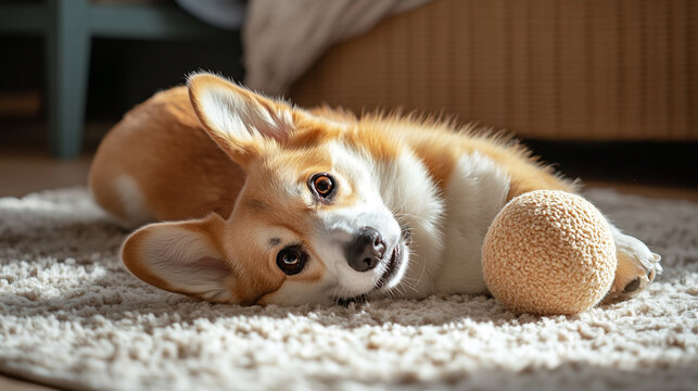 Napping corgi enjoys a sunny afternoon on National Napping Day with a playful ball by its side