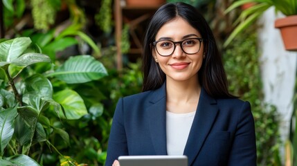 Fototapeta premium A young person with dark hair wearing eyeglasses and a dark blue jacket holds a tablet in a lush green garden setting. Natural light illuminates the