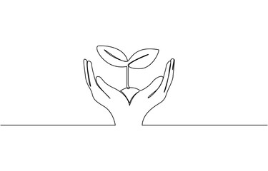 Continuous one line drawing palm hand holding together a green young plant, Hand holding plant's pot. Continuous one line drawing of back to nature theme. Growing plant in hand palm.