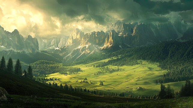 Dramatic sunset illuminates a lush green valley nestled amongst majestic, snow-capped mountains.