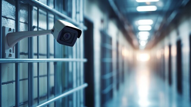 Jail cell security camera overlooking prison hallway.