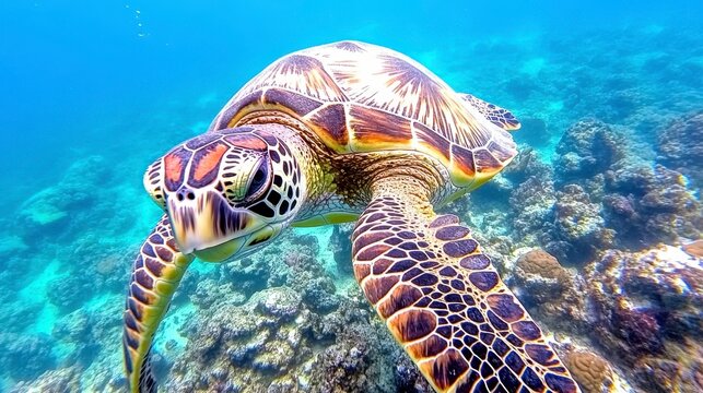 Close up view of a sea turtle swimming in vibrant blue water above a coral reef. The turtle's shell is patterned with brown and tan, and the water is
