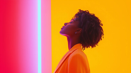 profile of woman with natural hair against vibrant pink and orange backgrounds, exuding confidence and style. colorful lighting enhances artistic expression