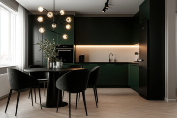 Modern kitchen design urban apartment interior photography minimalist aesthetic wide angle view contemporary style