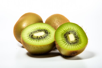 Close up of a green kiwi fruit with a cut in it.