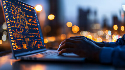 person typing on laptop with code displayed on screen, illuminated by city lights at night, creating vibrant and tech savvy atmosphere