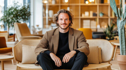 Fototapeta premium young man with curly hair sits comfortably on stylish sofa in modern interior, exuding confidence and warmth. space features contemporary decor and plants