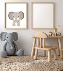 Cute cartoon elephant nursery art print in gray and beige tones, displayed in a child's room with wooden furniture and plush elephant toy. Neutral