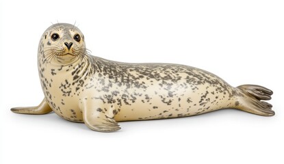 A young harbor seal pup rests on a plain white background, its creamy beige fur marked with dark gray spots. The seal's large, expressive eyes and