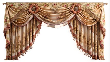 Elegant Drapery Panel with Floral Design on White Background