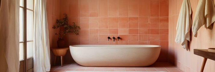 Modern bathroom with terracotta tiles and freestanding bathtub