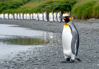 Obraz premium King penguin standing on a pebble beach near a calm body of water, other penguins are visible in the background. The scene is outdoors, with natural