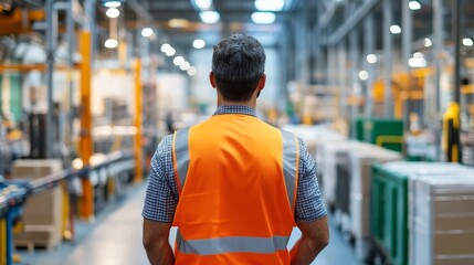 Supervisor wearing high visibility vest supervising production line in a large factory