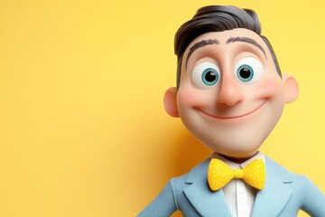 A cheerful 3D cartoon man in a light blue suit and yellow polka dot bow tie smiles happily against a yellow background.