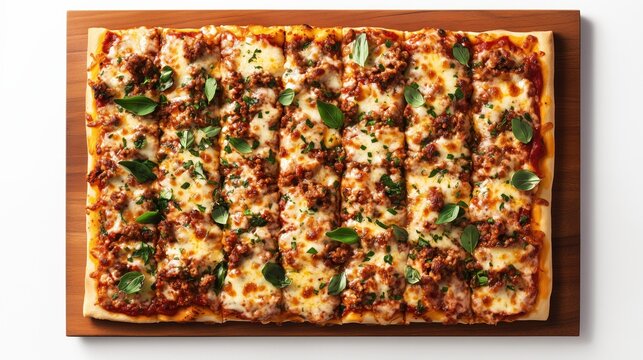 Delicious Meat Lovers Pizza: A mouthwatering rectangular pizza, generously topped with savory ground meat, melted cheese, and fresh basil leaves, sits on a wooden board, ready to be enjoyed.