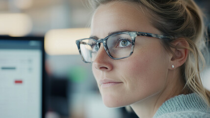 focused woman with glasses gazes thoughtfully while working at computer in modern office environment. Her expression reflects concentration and determination