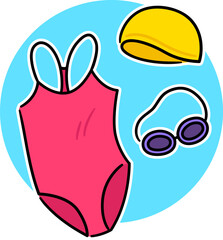 One-piece swimsuit, swimming cap and goggles hand drawn doodle icon. Bright cartoon swimming accessories. Simple drawing, vector clip art illustration.
