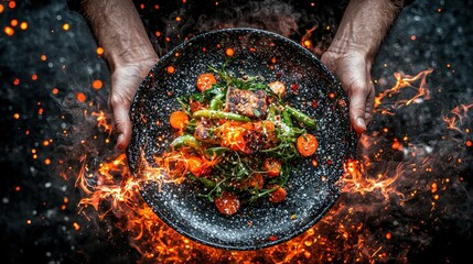 Two Hands Holding a Plate of Dazzling Stir Fry Vegetables in Motion