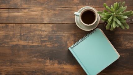 cozy workspace featuring teal notebook, cup of coffee, and green plant on rustic wooden table creates warm and inviting atmosphere for creativity