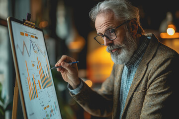 Man with glasses and beard analyzing financial chart in modern office setting