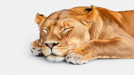 Obraz premium Close up of a feline resting peacefully on a plain background. Her eyes are closed, and her tawny fur is visible. The image is soft and peaceful