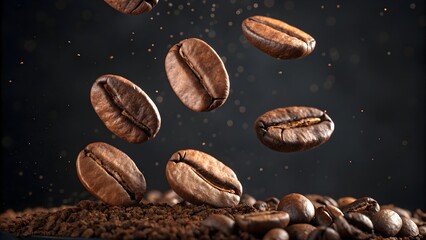 Coffee Beans in Midair Over Freshly Ground Powder – Dynamic Aromatic Shot. Dynamic coffee scene: falling beans over rich ground coffee