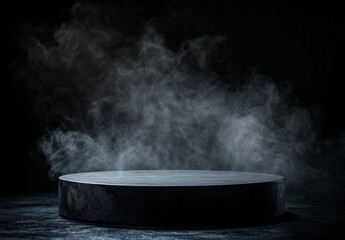Dark, circular, stone platform with smoky background