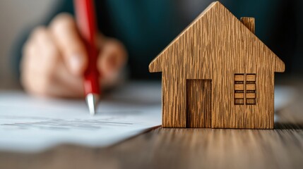 Wooden House Model on Table with Person Writing in Background