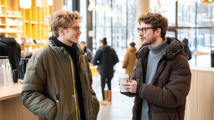 Two young men chatting in modern cafe, wearing stylish winter jackets. warm atmosphere and cozy interior create friendly vibe, perfect for socializing