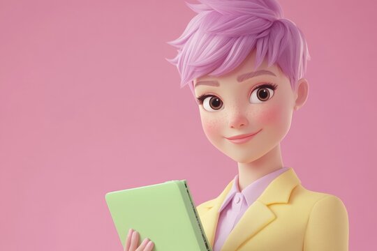 A cute cartoon girl with short purple hair holds a light green tablet against a pink background.