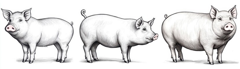 Fototapeta premium Three pigs depicted in a row, varying slightly in size and posture, rendered in a monochromatic style against a plain white background