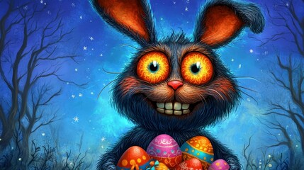 A whimsical illustration of a dark furred bunny holding a basket of colorful eggs. The background features a dark, starry night sky and silhouetted