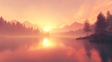 Obraz premium Serene sunset over a misty mountain lake, reflecting warm golden light.