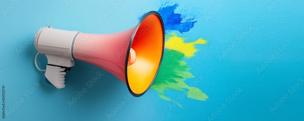 Aufkleber megaphone is making a sound wave that splatters colorful paint on a blue background