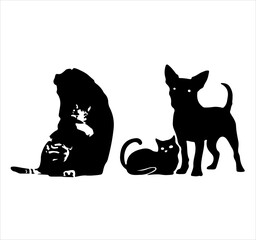 a captivating silhouette of a dog and cat with white background
