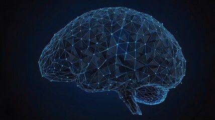 Low-poly digital brain, AI-inspired concept, symbol of intelligence, abstract neural design, blue wireframe illustration, dark background, connected lines, and dots.