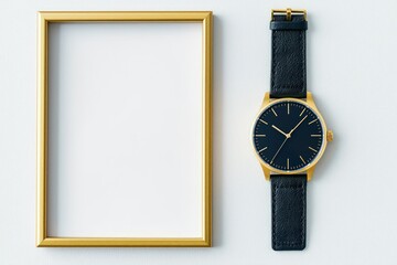 Empty gold frame with a stylish wristwatch placed next to it isolated